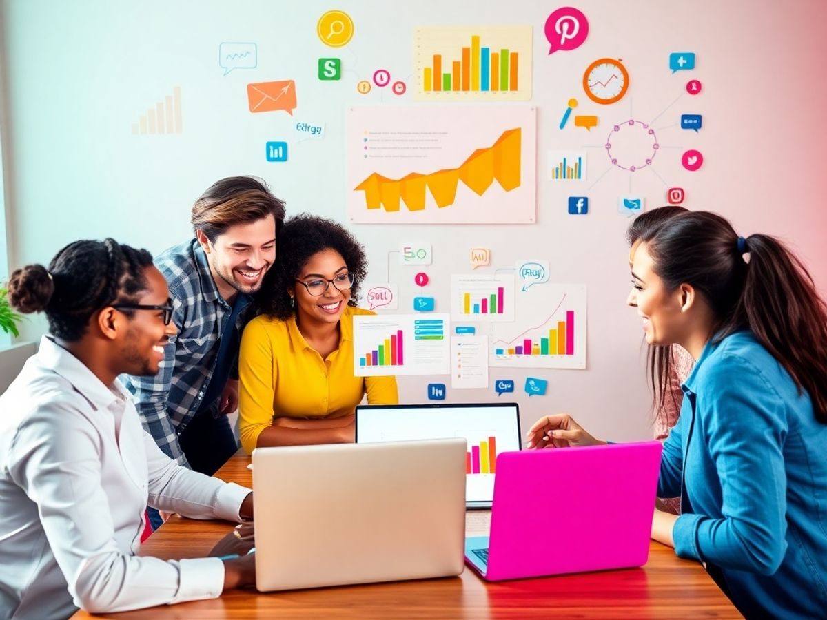 Profesioniști în marketing digital colaborând pe laptopuri.