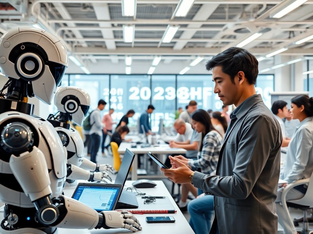 Birou futurist cu oameni și roboți colaborând.