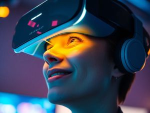 Realitate virtuală: Persoană captivată de o lume digitală.