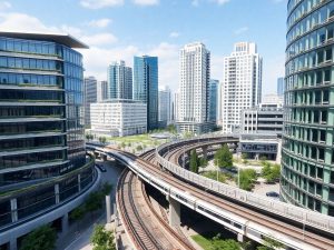 Oraș modern cu clădiri futuriste și transport avansat.