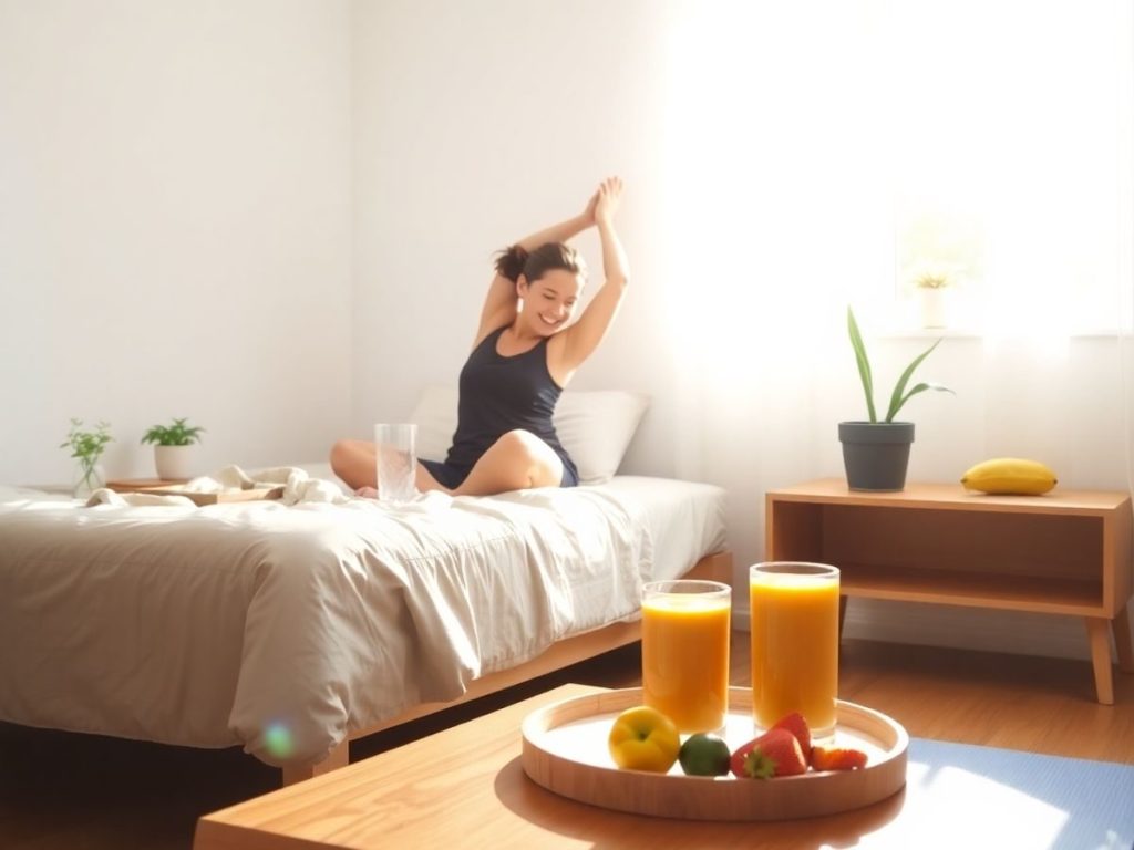 Persoană întinzându-se lângă pat, plante, smoothie și lumină naturală calmă