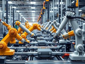 Roboți industriali lucrând în fabrici moderne.