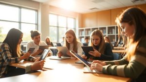 Elevi folosind dispozitive digitale într-o sală de clasă modernă.