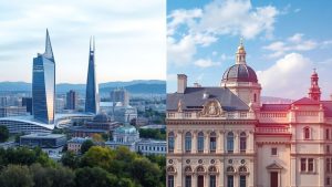 Oraș european modern versus oraș românesc cu elemente AI.