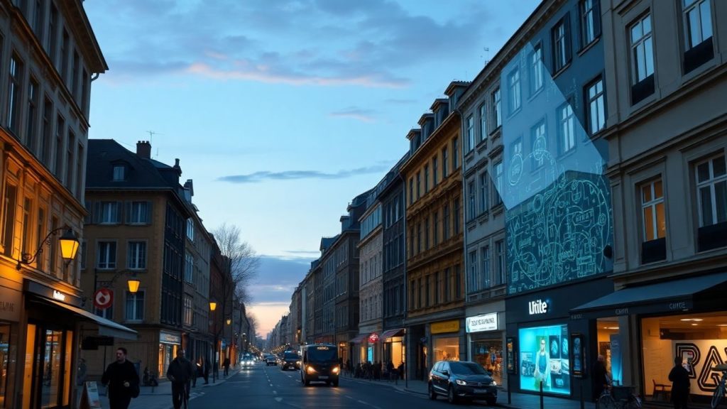 Oraș european inteligent cu lumini strălucitoare și tehnologie.